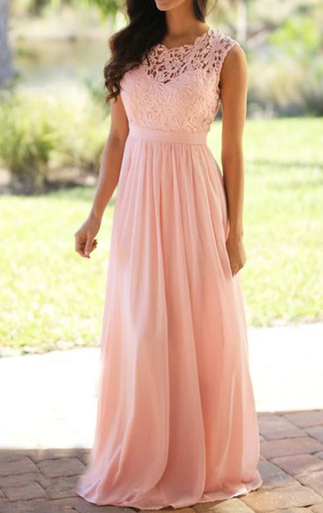 Back view of a long chiffon bridesmaid dress with a subtle train.