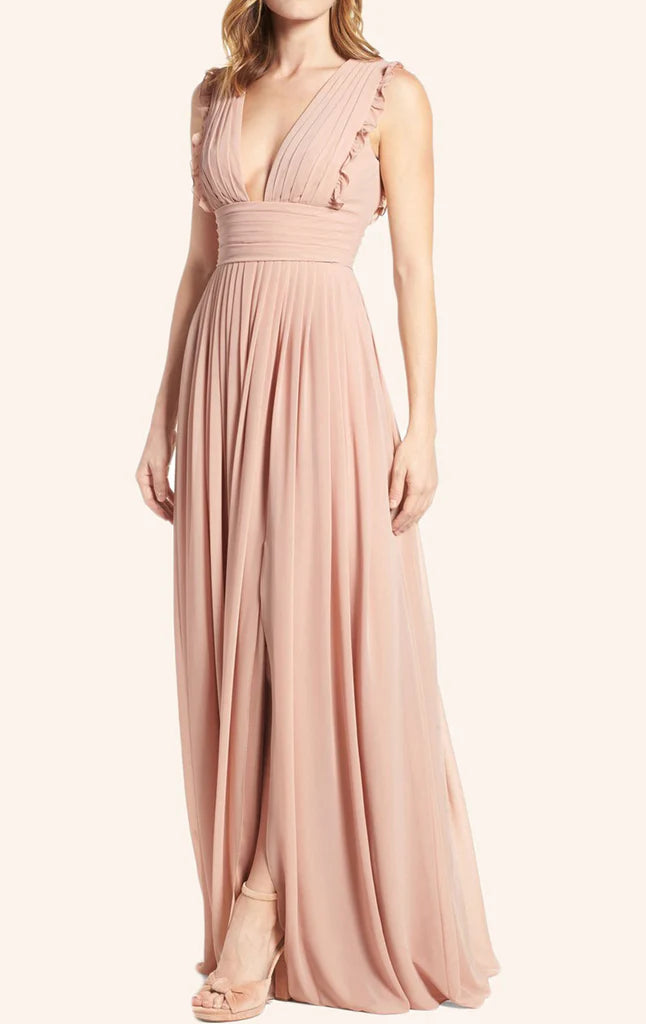 Elegant V-neck chiffon long dress with spaghetti straps worn by a woman.