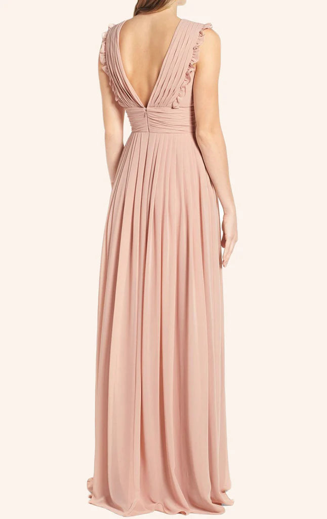 Woman modeling a flowy V-neck chiffon long gown, perfect for bridesmaids or prom.