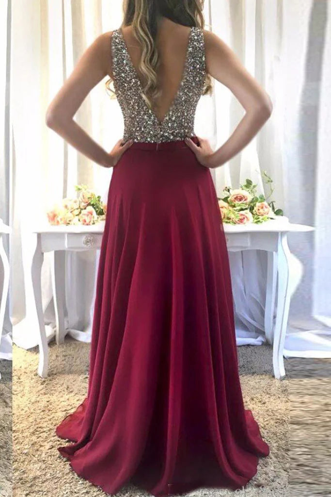 Back view of a flowy chiffon formal gown with delicate straps.