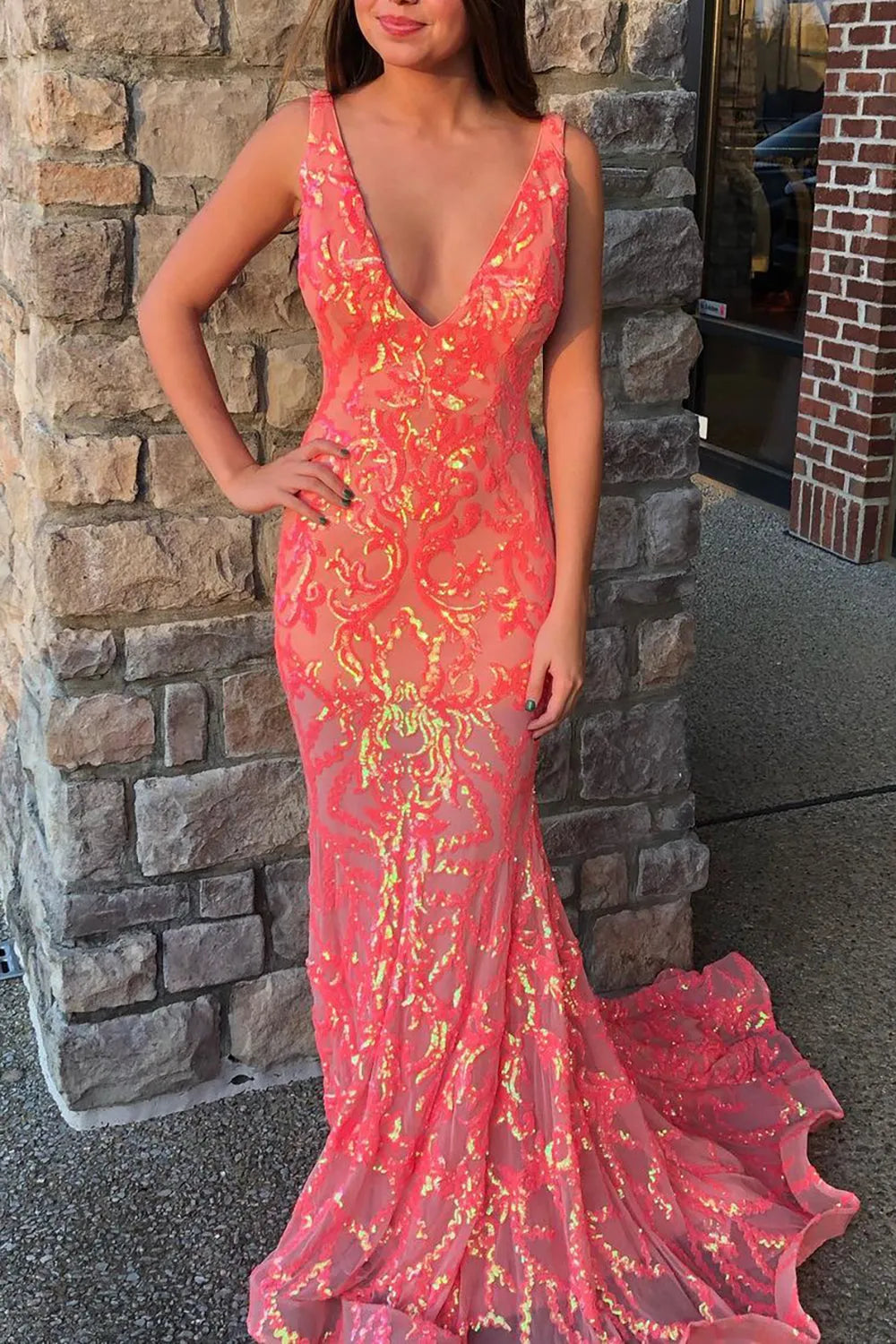 Back view of the form-fitting V-neck mermaid party dress.