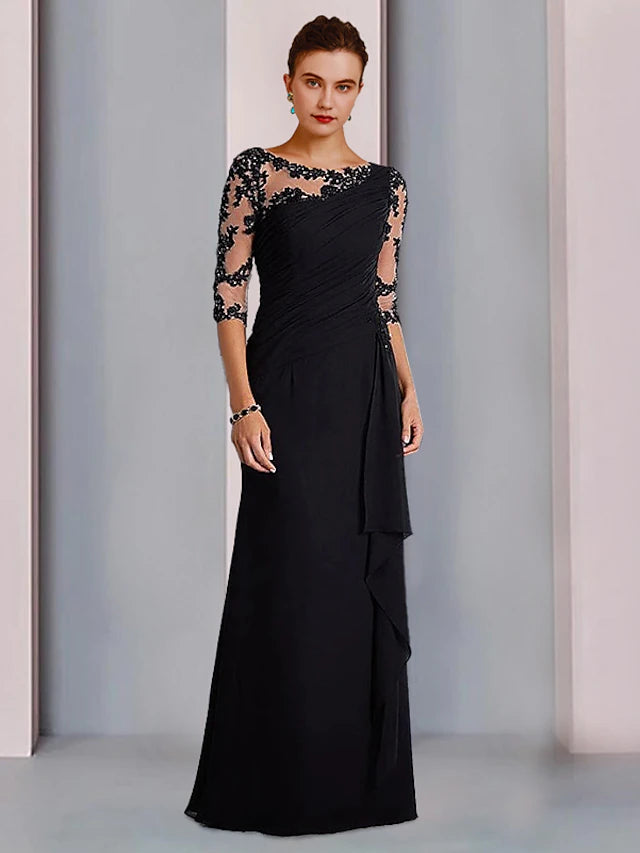 Elegant sheath Mother of the Bride dress with jewel neck and 3/4 sleeves.
