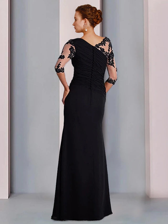 Formal chiffon lace gown featuring beading and appliques.