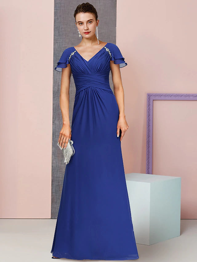 Elegant V-neck chiffon Mother of the Bride dress with short sleeves and ruched side detail.
