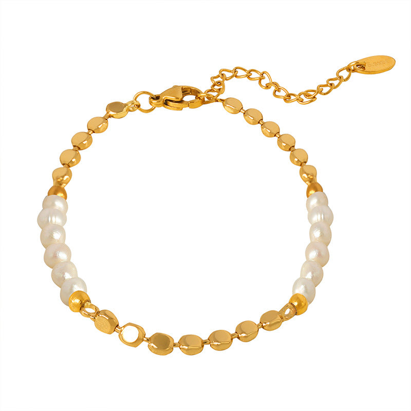 Elegant freshwater pearl bracelet with copper accents.