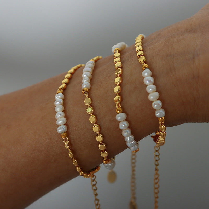 Stylish freshwater pearl and copper bracelet.