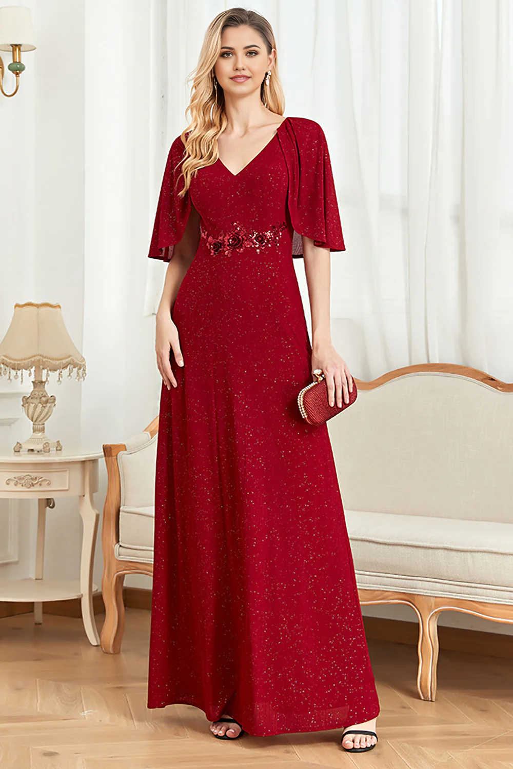 Elegant glitter V-neck A-line mother of the bride dress with a flowing cape.