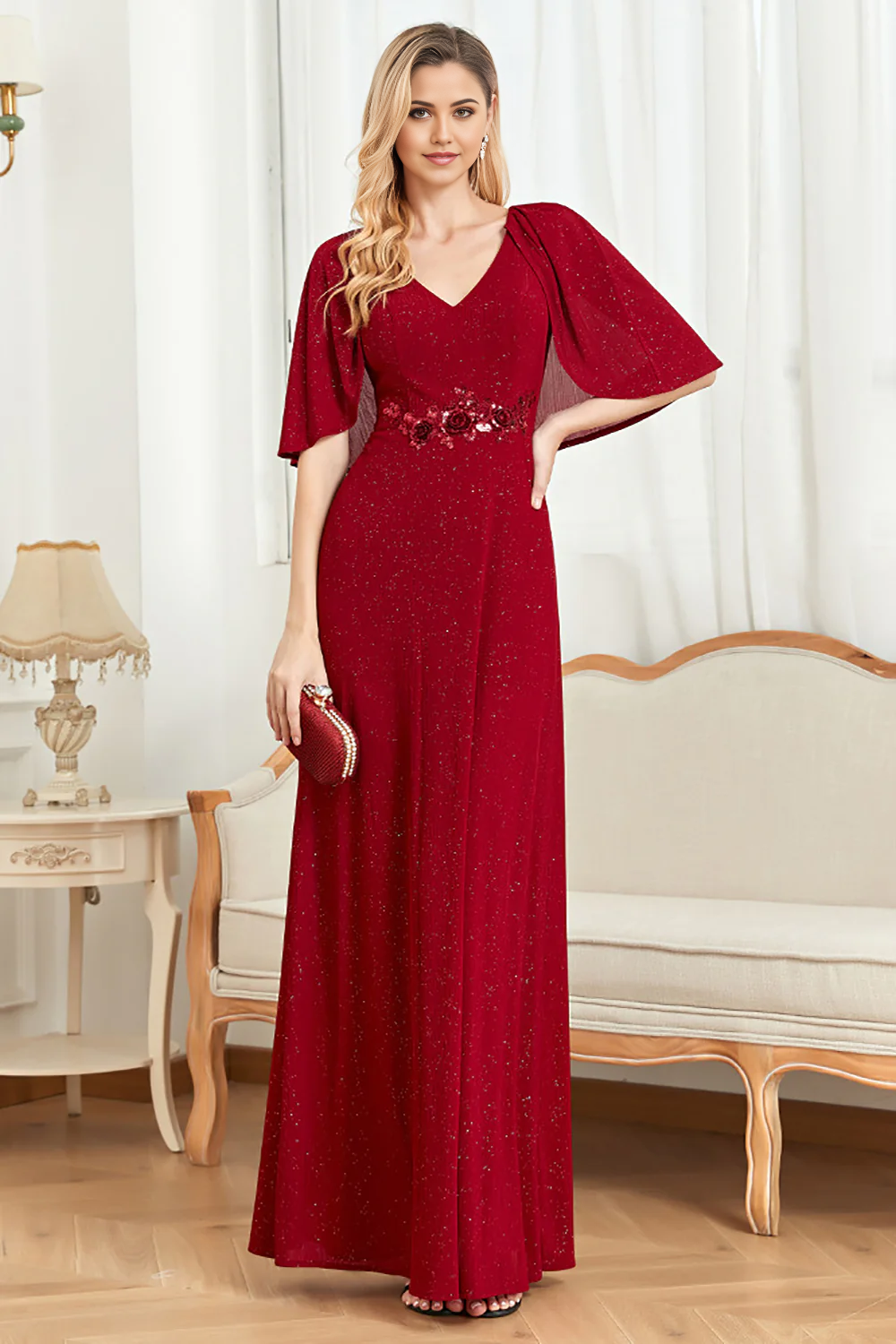 Side profile of the V-neck glitter dress with cape, highlighting the A-line silhouette.