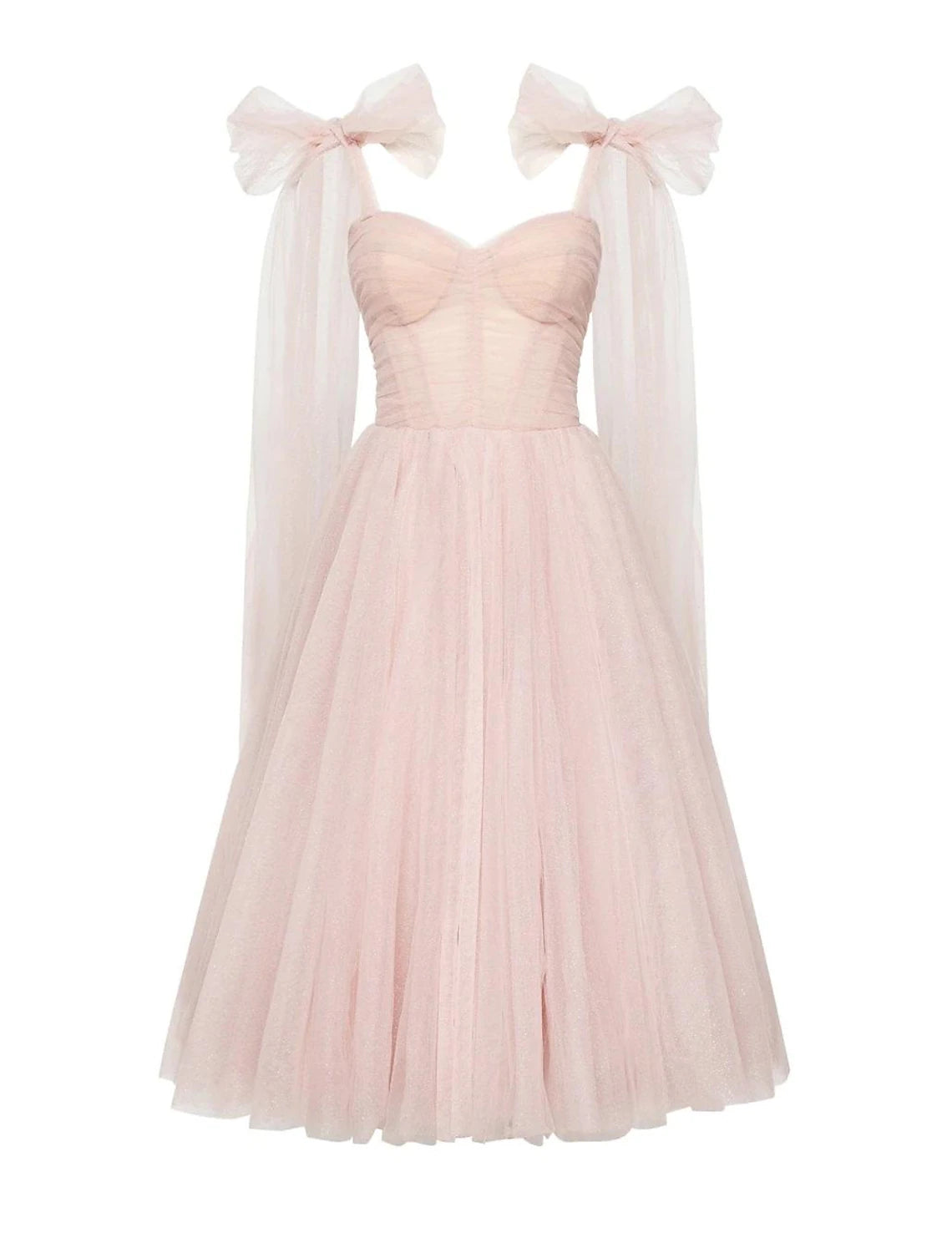 Full view of the elegant glitter tulle ball gown cocktail dress with a square neck.
