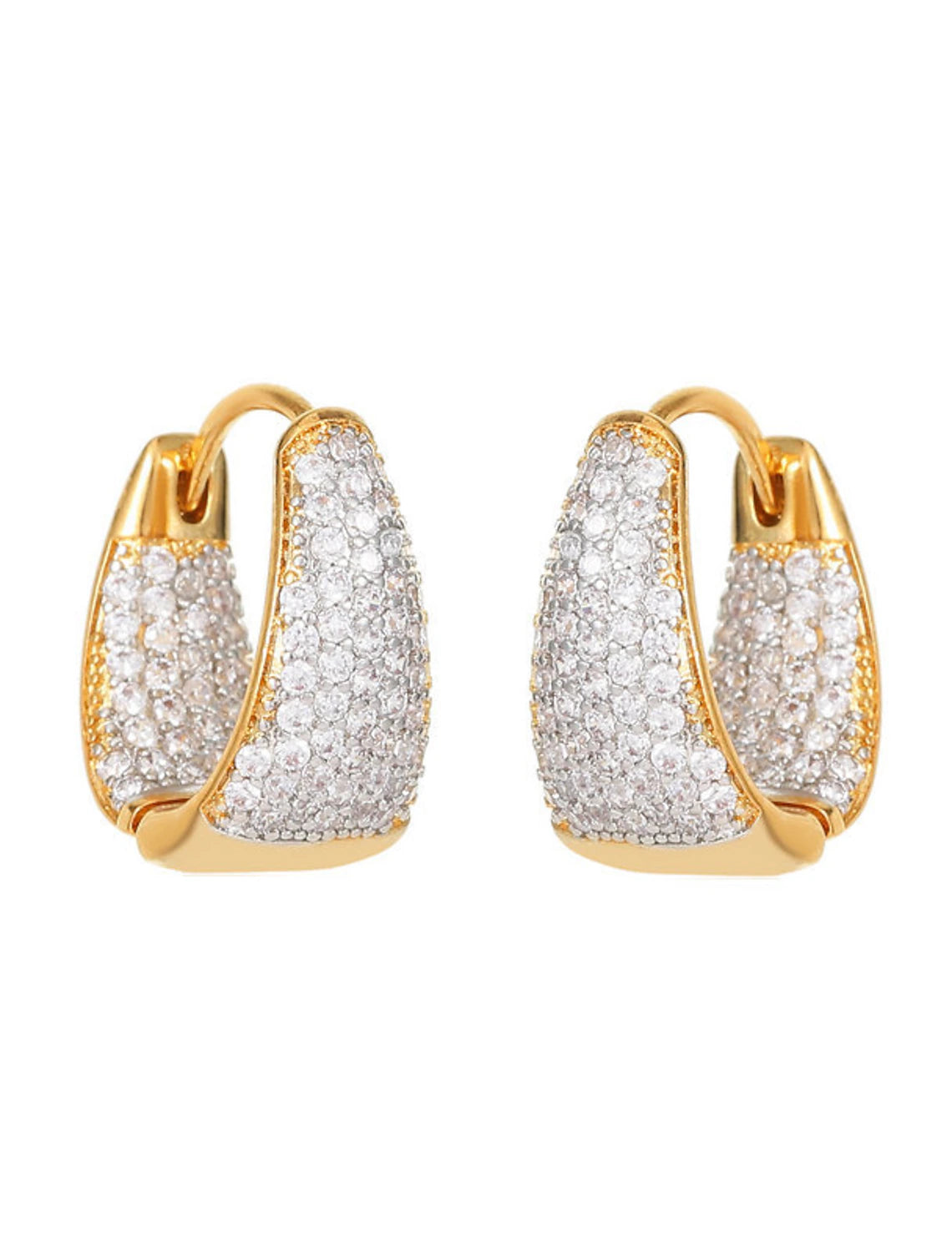 Pair of elegant gold zircon hoop earrings on display.