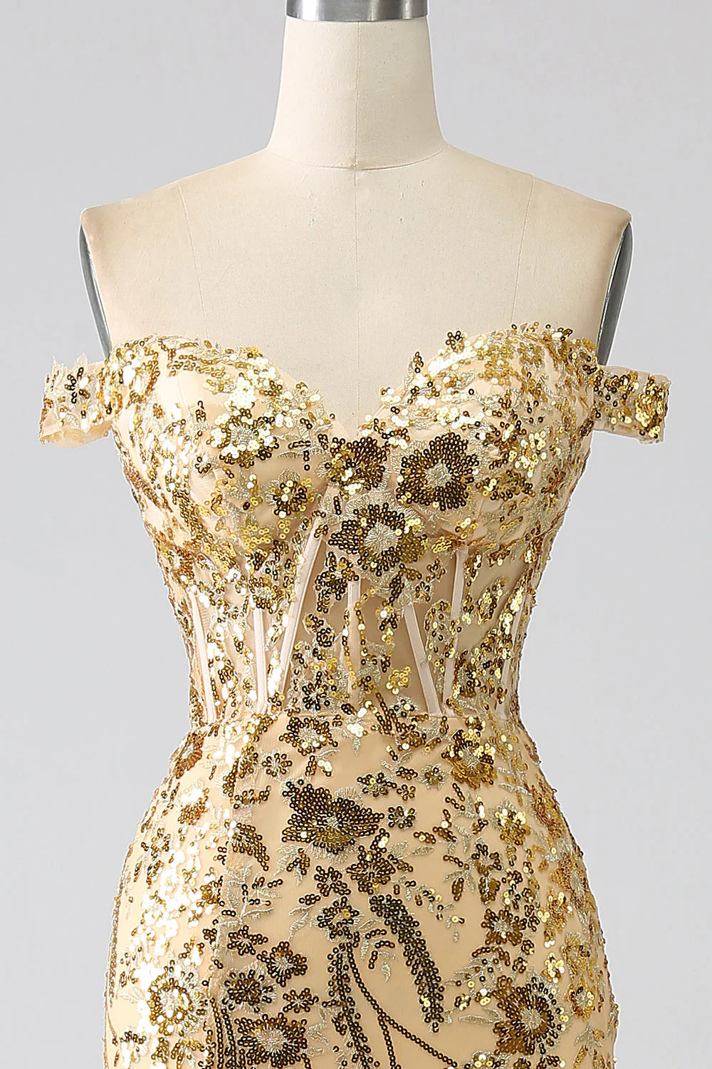 Stunning golden off-shoulder mermaid dress for formal occasions.