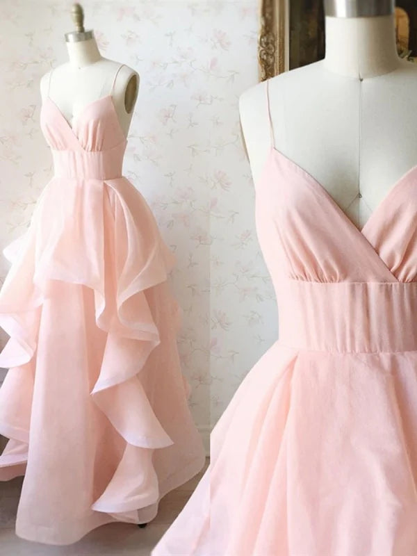 Elegant V-neck formal maxi prom gown.