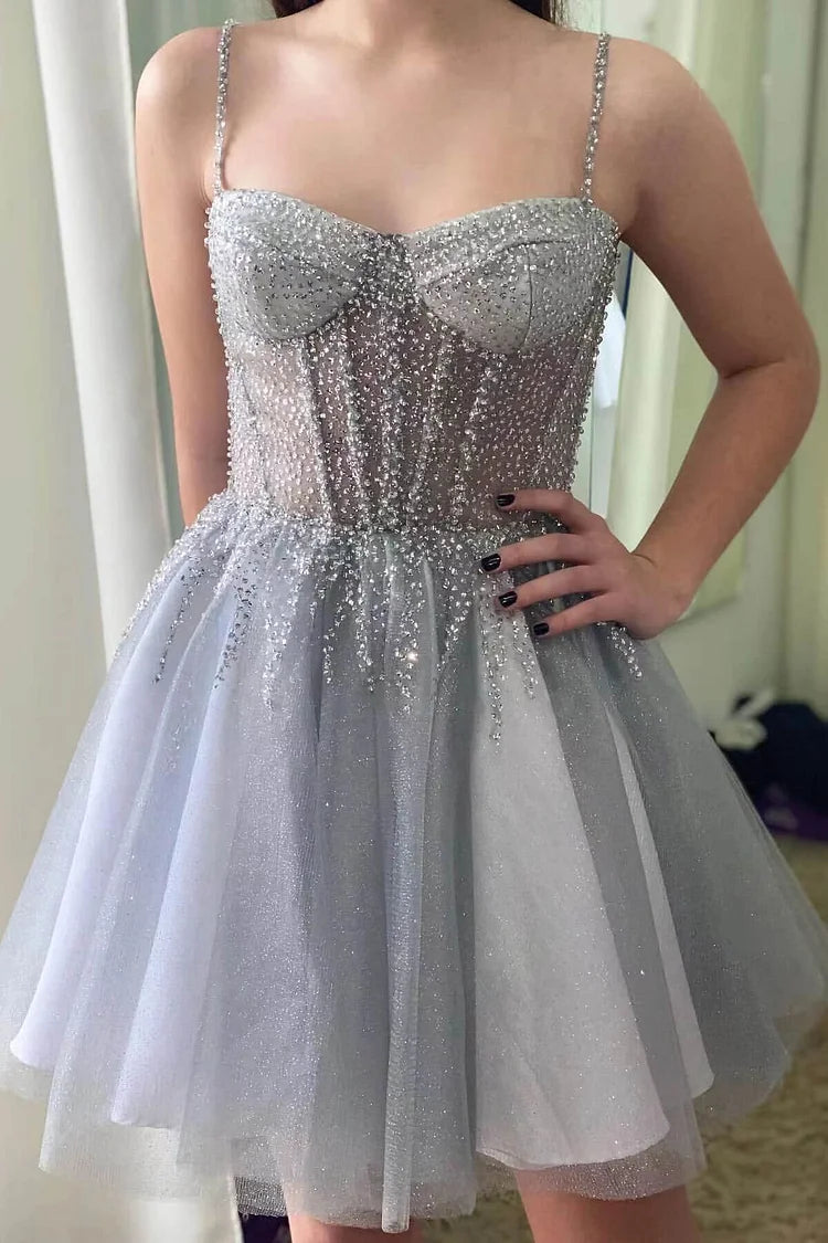 Gray short A-line prom dress with V-neck, sleeveless design, and sequin embellishments.
