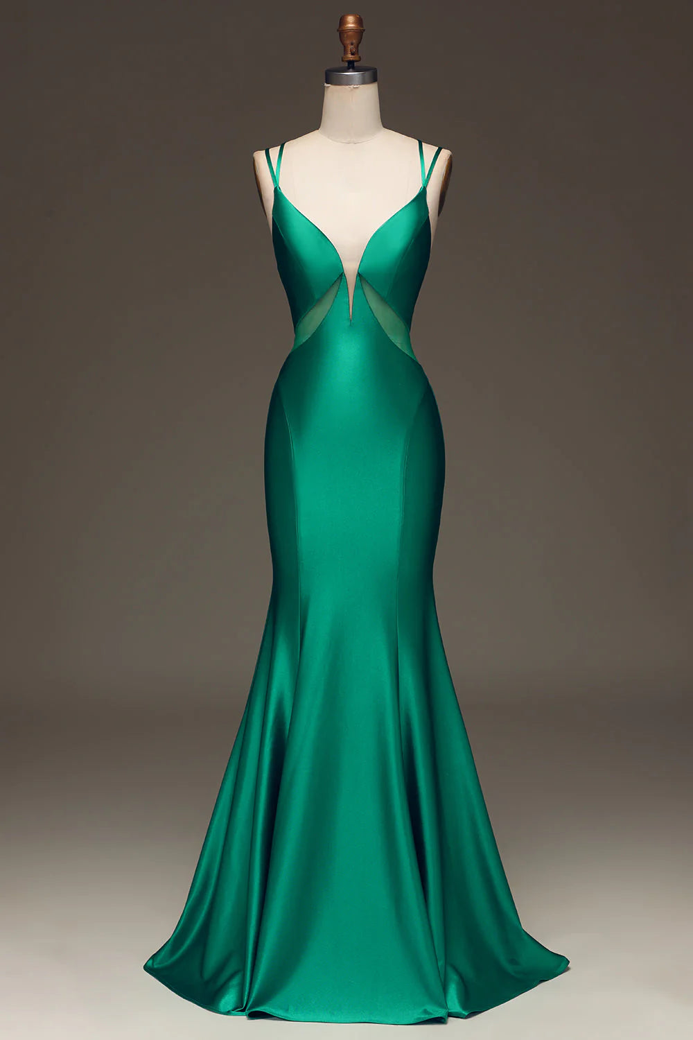 Elegant green mermaid prom dress with V-neck and satin fabric, full view.