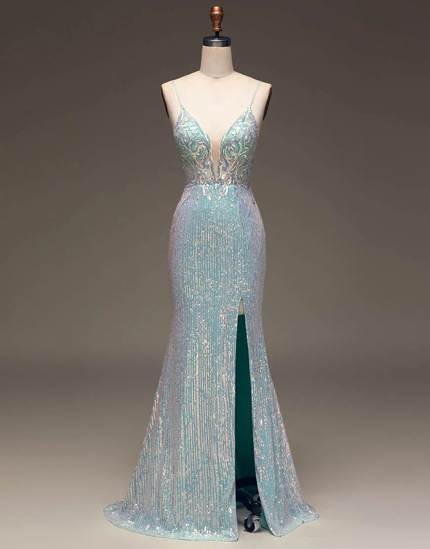 Model wearing a grey-blue mermaid prom dress with spaghetti straps and a front split.