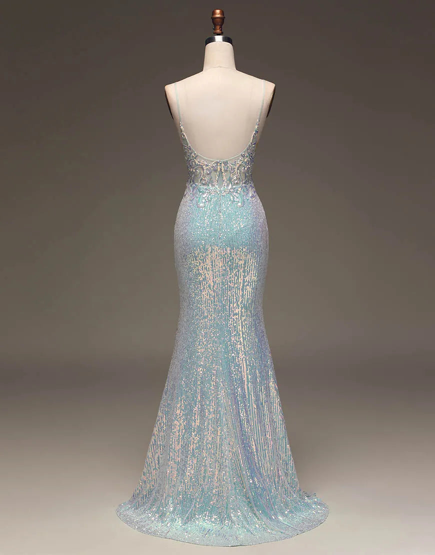 Back view of a grey-blue mermaid prom dress with spaghetti straps.