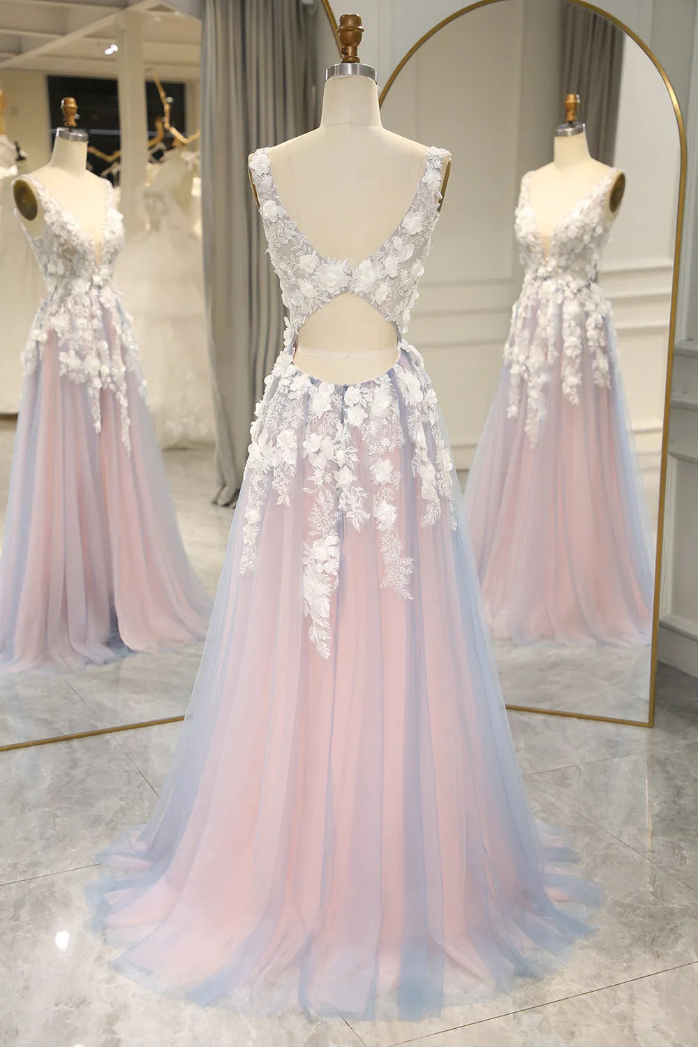 Back view of GreyPink A-line prom dress showing keyhole detail.