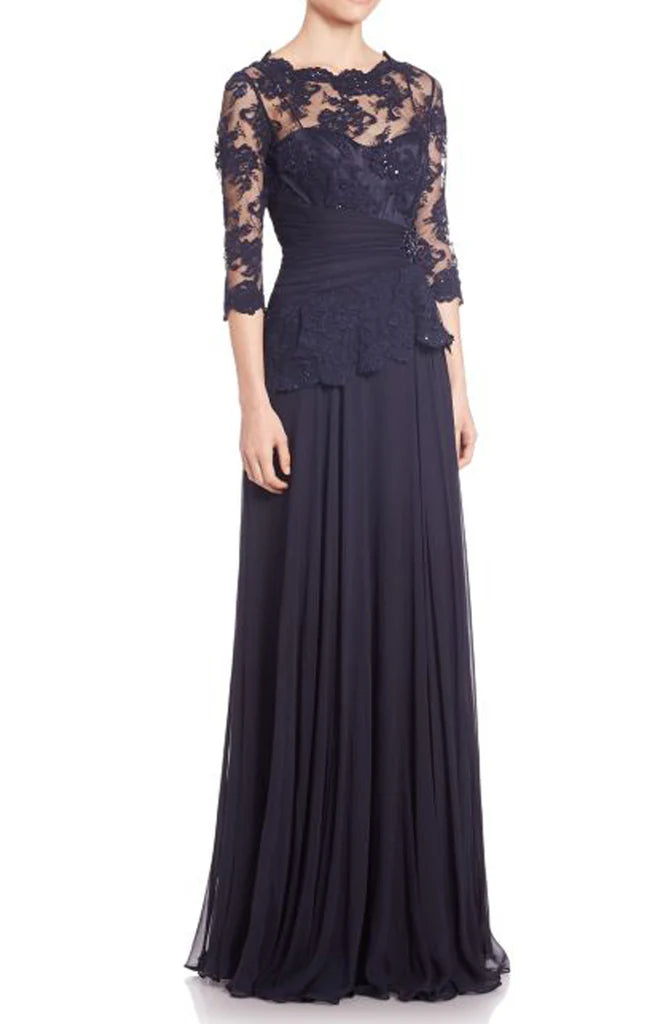 Front view of a graceful half sleeve lace chiffon dress for special occasions.