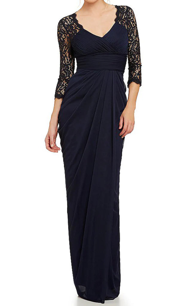 Elegant half sleeve lace mother of the bride dress, front view.
