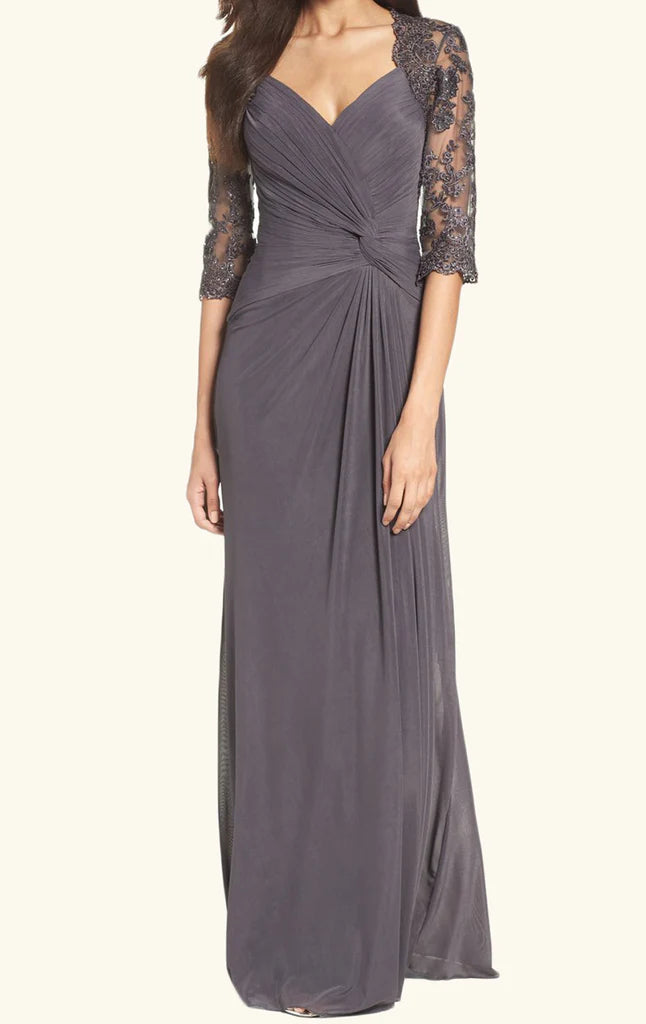 Elegant Mother of the Bride dress with half sleeves and a long A-line skirt.