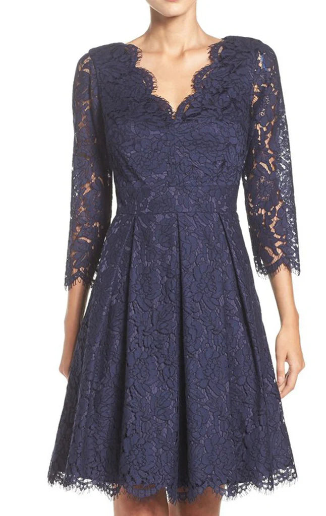 Elegant A-line Mother of the Bride dress with V-neck, half sleeves, and lace details.