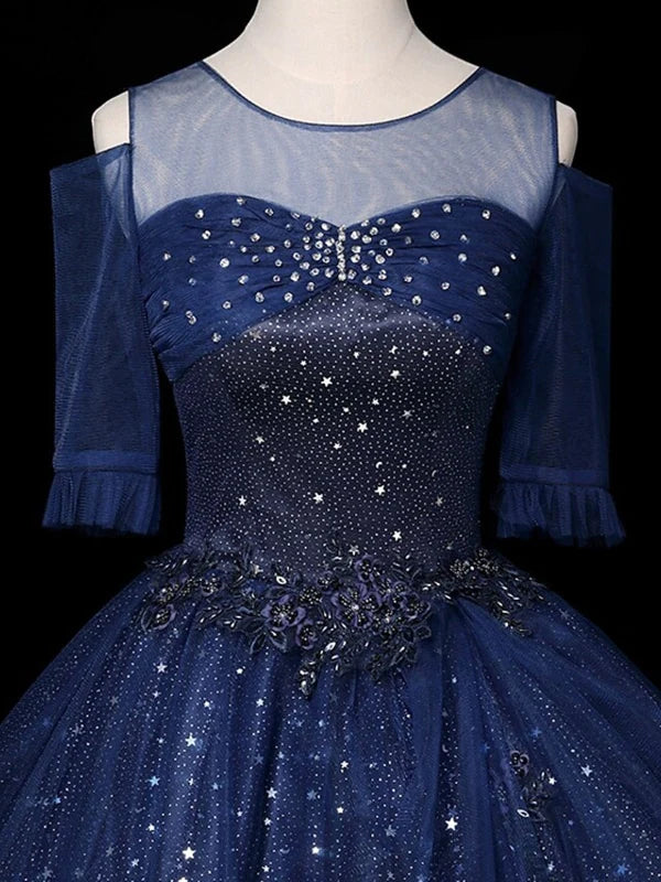 Close-up of the beaded detailing on the bodice of the half sleeves prom dress.