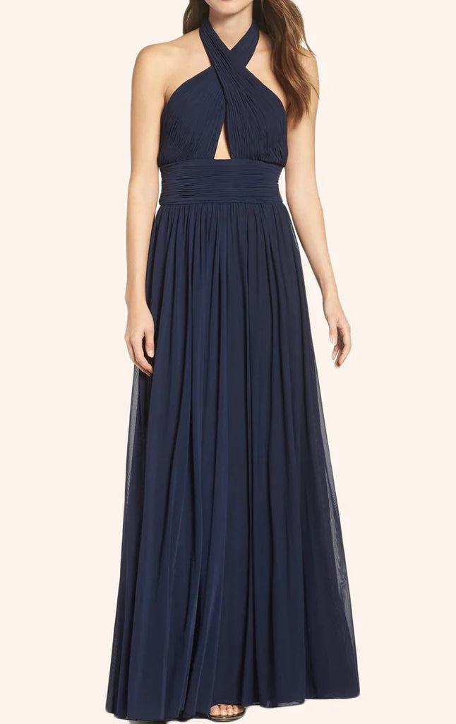 Elegant halter chiffon long prom dress in a full-length view.