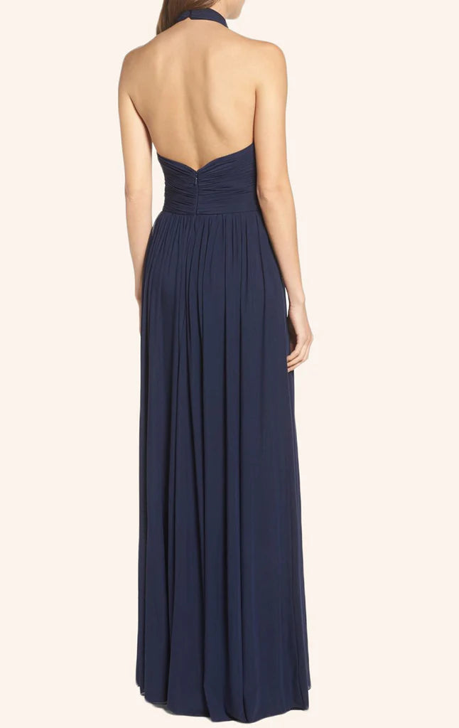 Back view of the halter chiffon formal gown with flowing skirt.