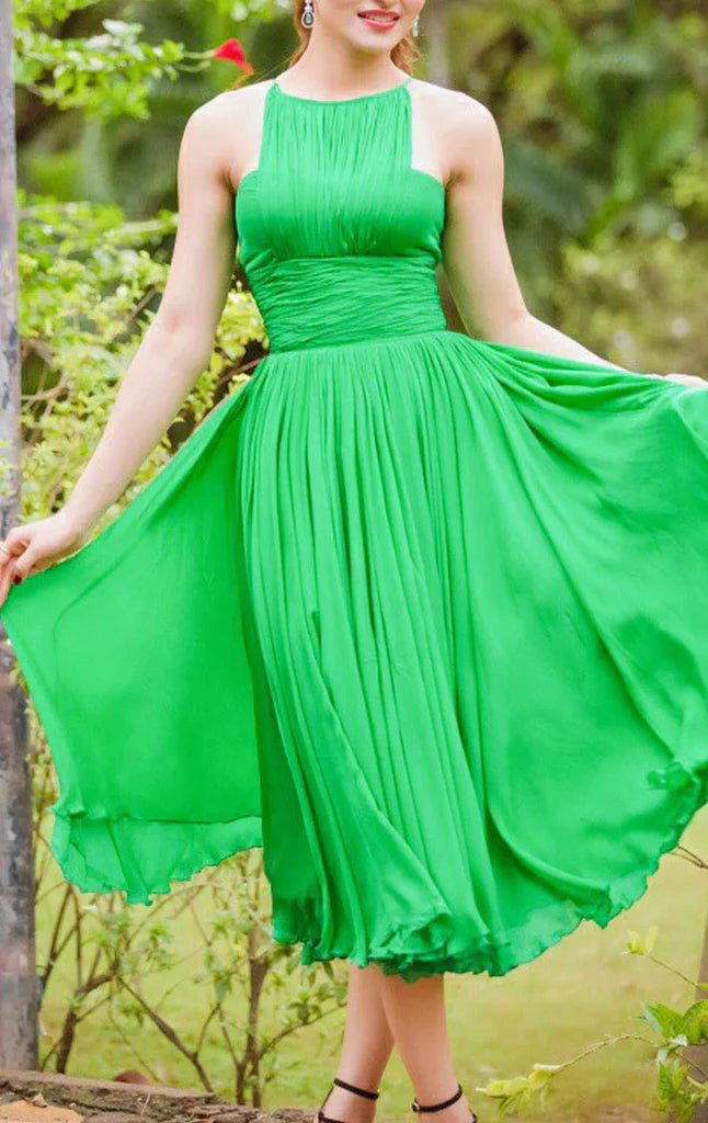 Elegant Halter Chiffon Tea Length Prom Dress.