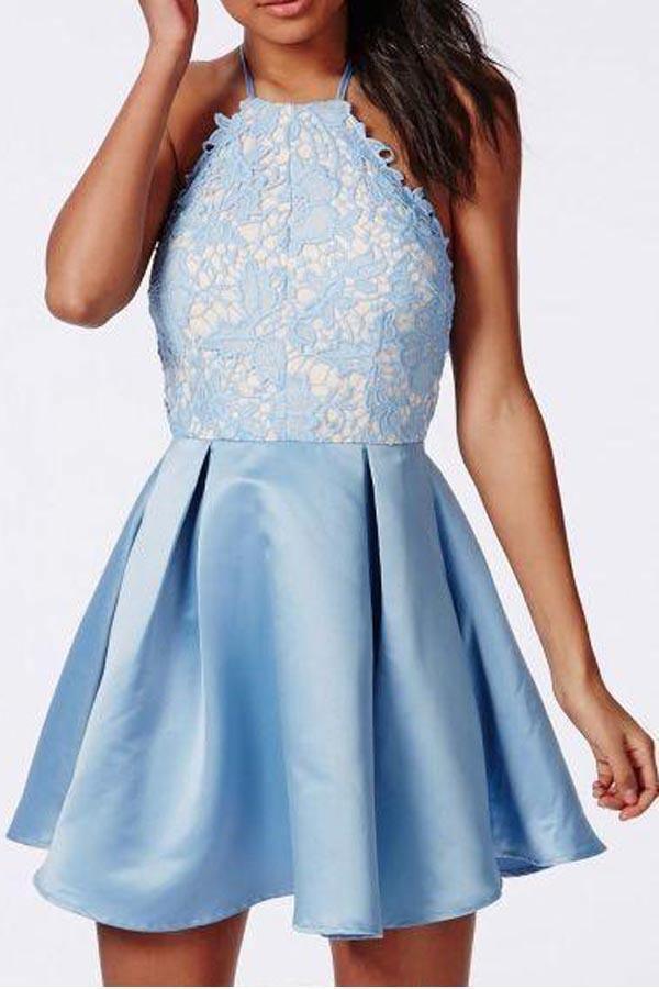 Halter backless short blue lace satin homecoming dress.