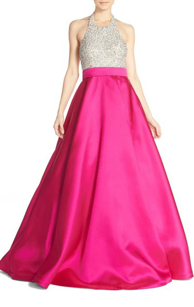 Elegant halter beaded satin long prom dress.