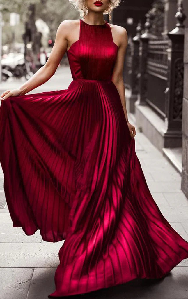 Elegant light blue halter chiffon long prom dress.