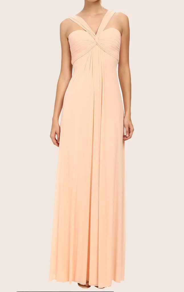 Elegant halter chiffon long prom dress with cross back detail.