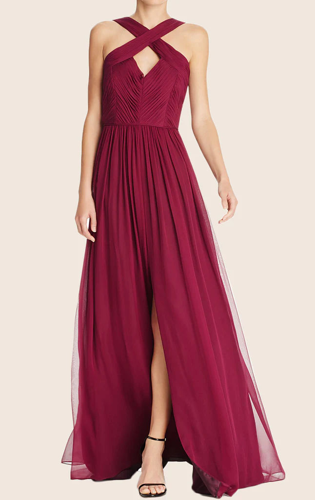 Elegant halter chiffon prom dress with a high slit.
