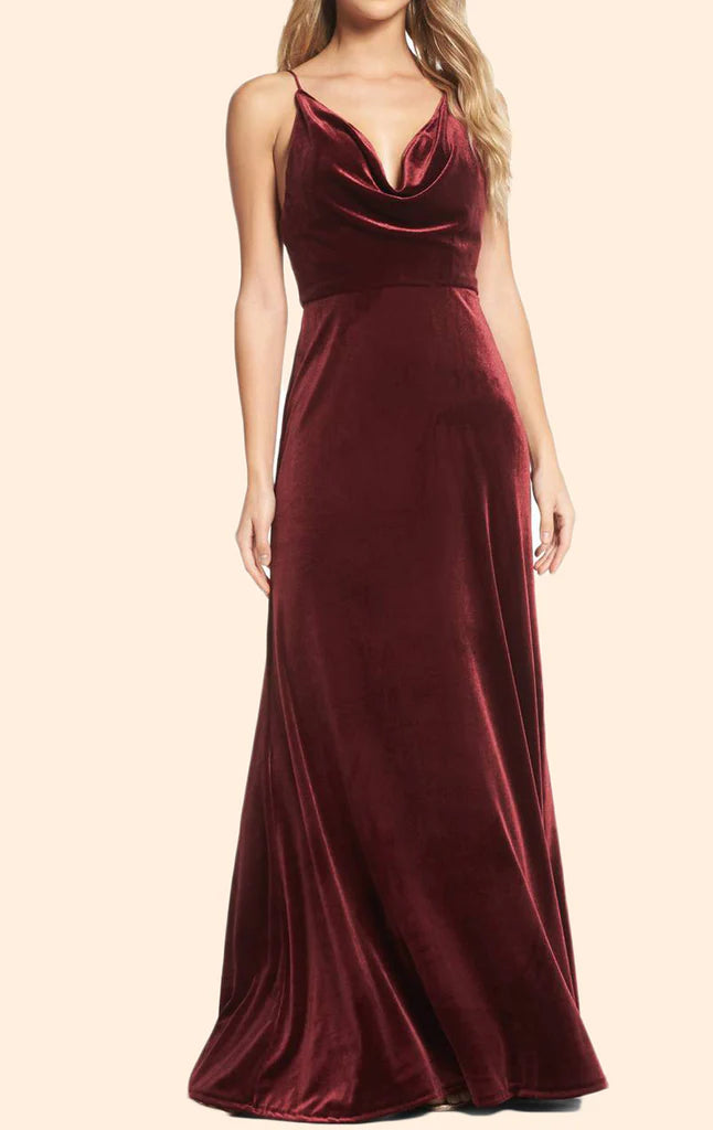 Elegant halter cowl neck velvet maxi dress, full length view.
