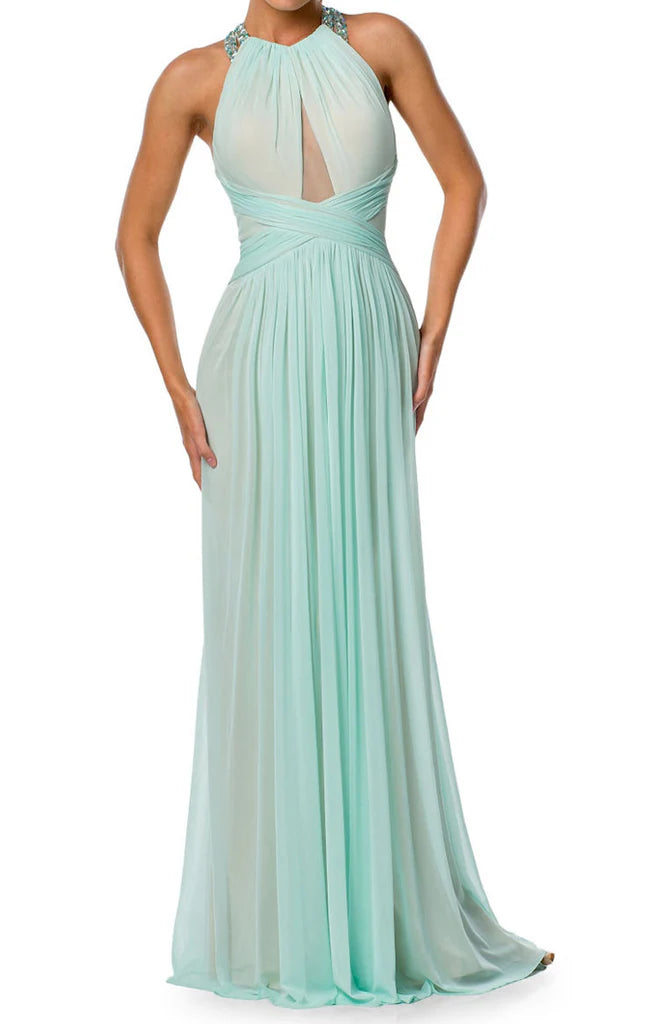 Elegant long chiffon prom dress with halter neckline and crystal embellishments.