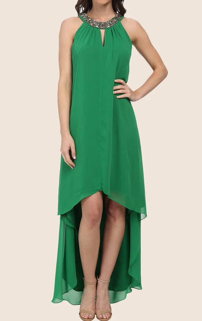 Elegant halter high-low chiffon prom gown.