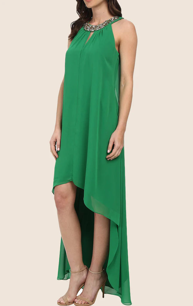 Chiffon formal gown with a high-low hem and halter neck design.