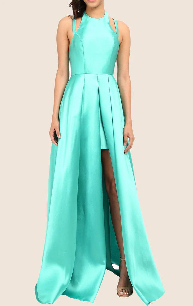 Elegant halter high-low prom dress, front view.