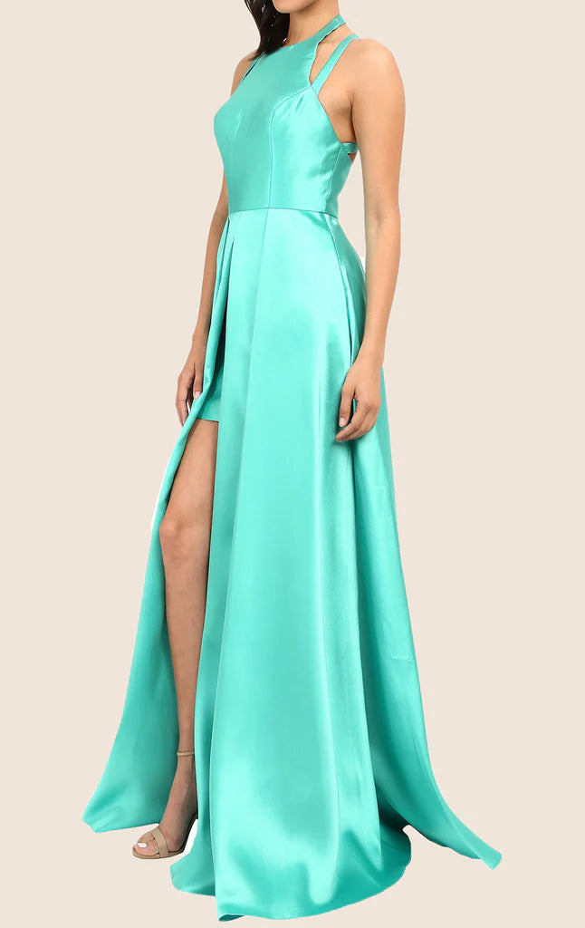 Back view of a sleeveless high-low evening dress.