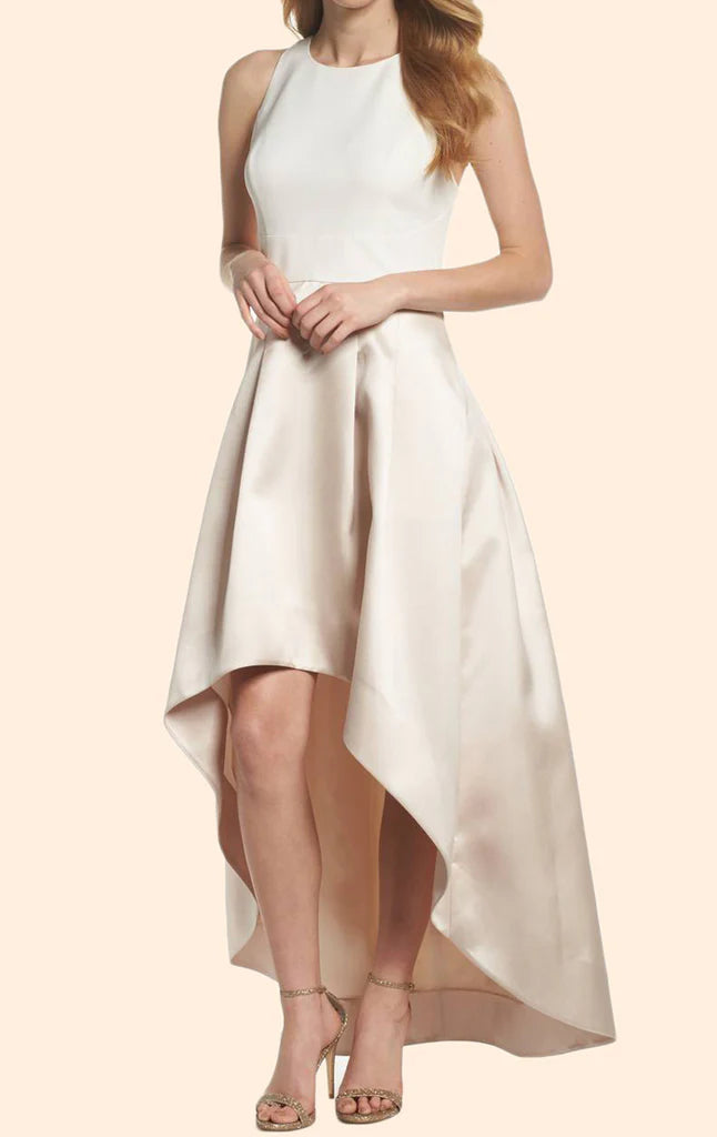 Woman posing in an elegant halter high-low satin prom dress.