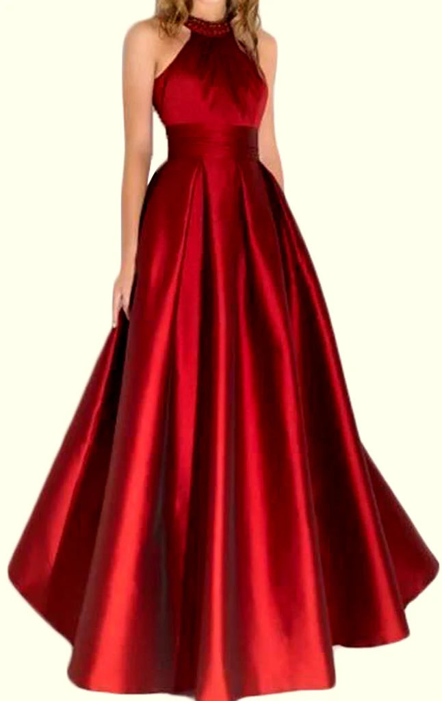 Elegant halter high neck satin long prom dress.