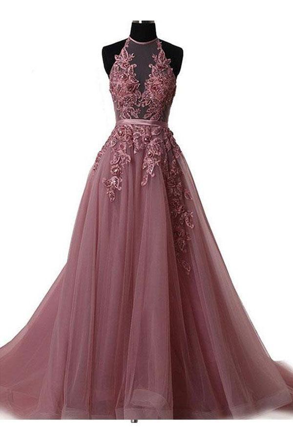 Elegant halter neck prom dress with lace applique and flowing train.