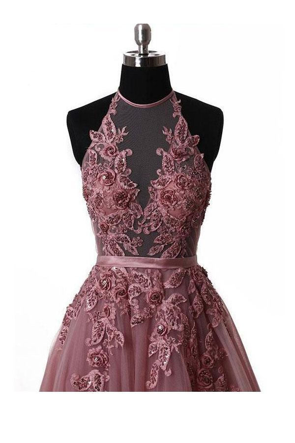 Full-length view of a sophisticated halter prom dress.