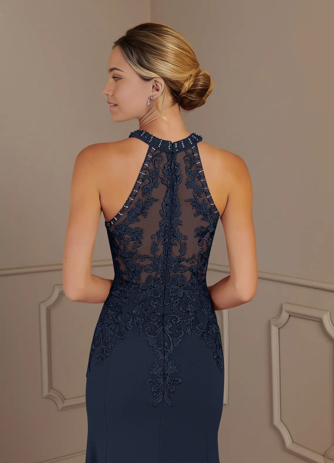 Side view of the dark navy formal mermaid dress.