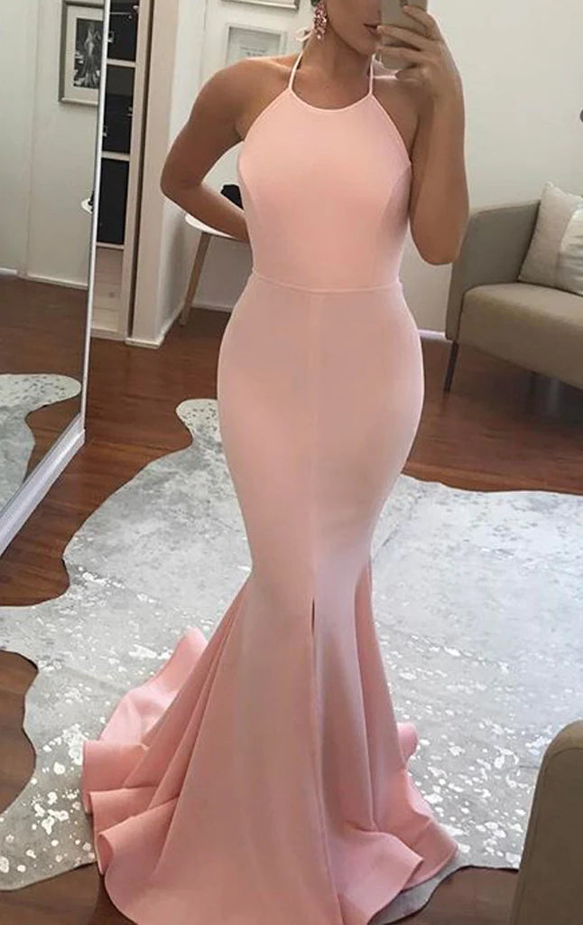 Elegant Halter Mermaid Long Prom Dress, front view.