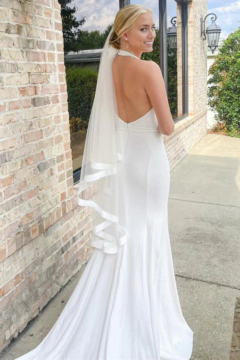 Back view of the mermaid halter wedding gown.