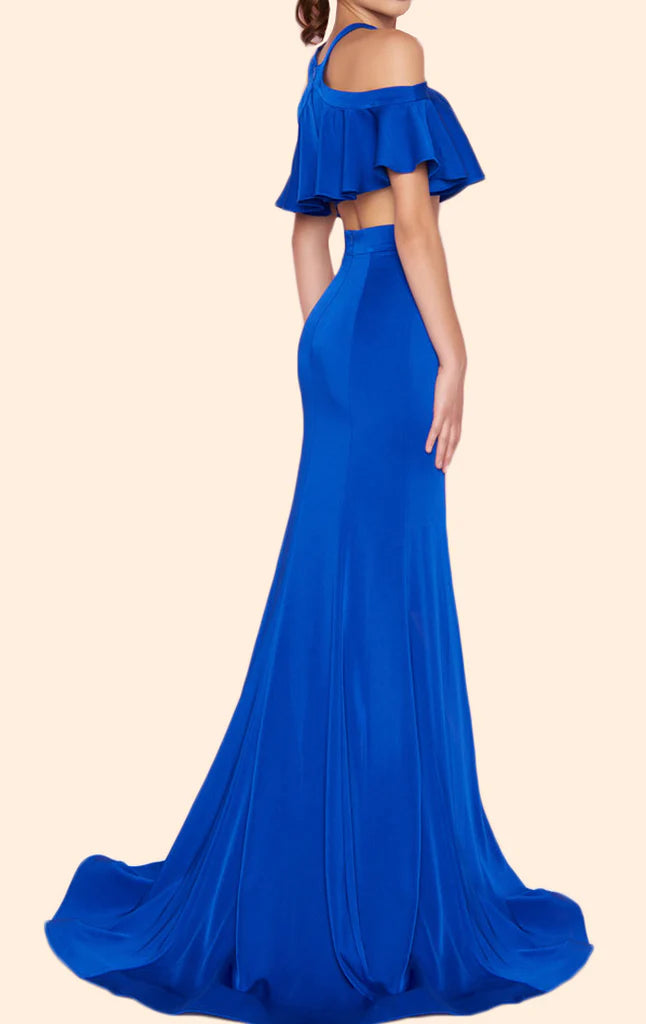 Full view of the Halter Mermaid Off-Shoulder Long Prom Dress.