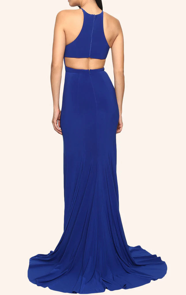 Woman in a blue halter mermaid formal gown.