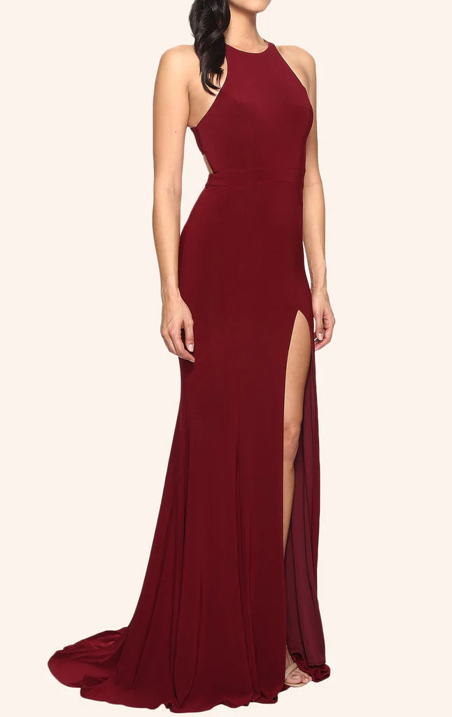 Woman in a burgundy halter mermaid evening dress.